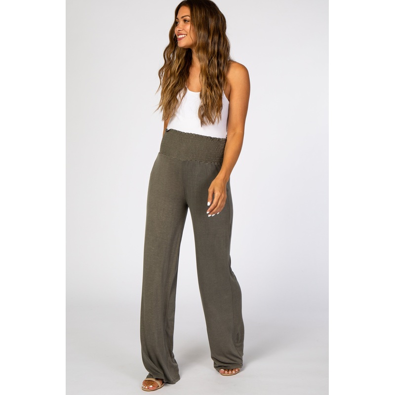 Light Olive Smocked Waist Knit Maternity Pants