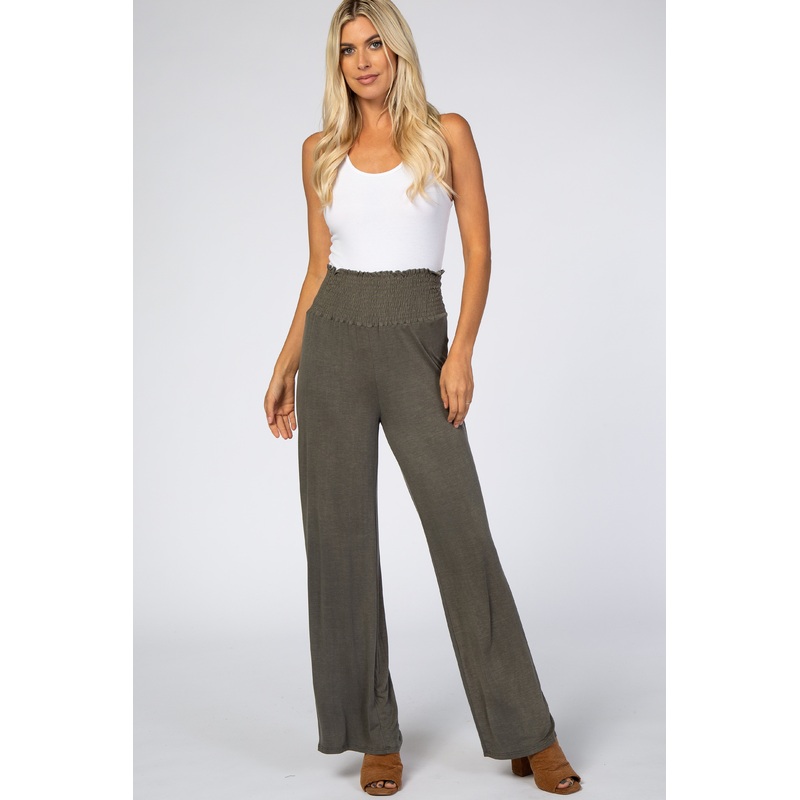 Light Olive Smocked Waist Knit Pants