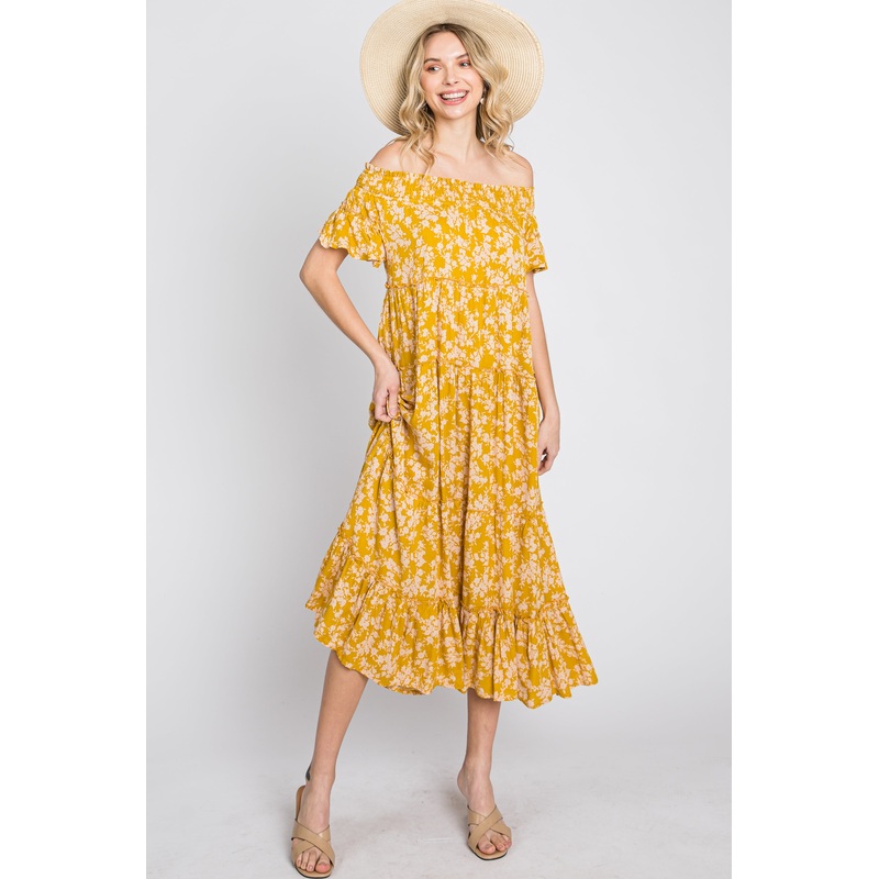 Yellow Floral Off Shoulder Tiered Dress