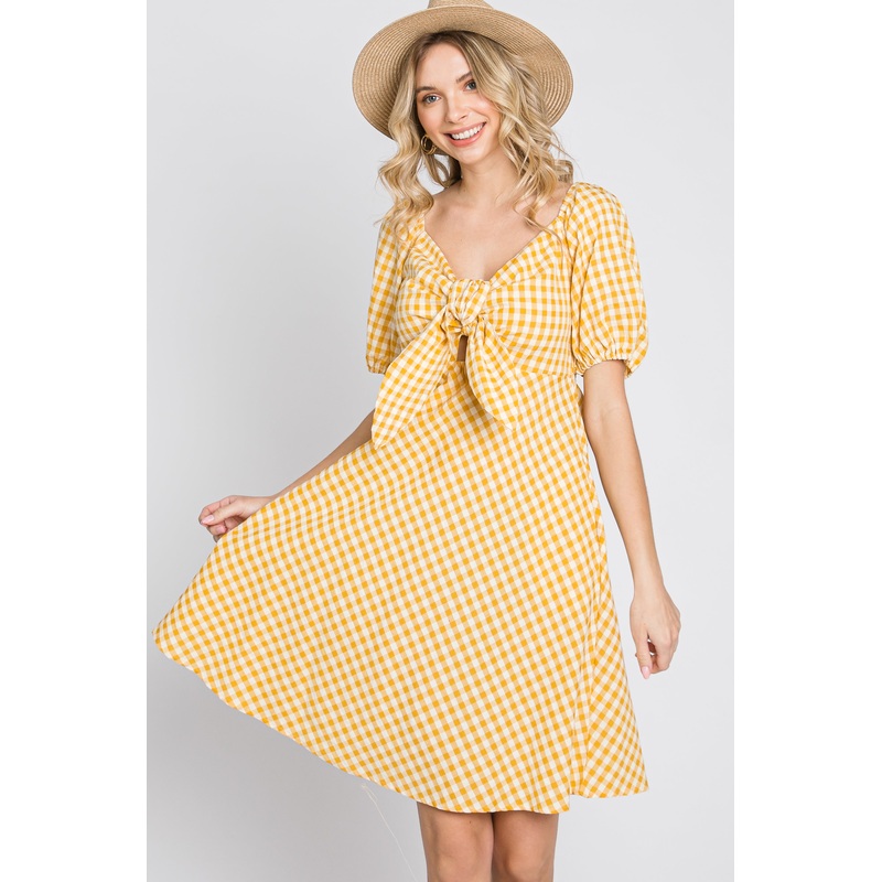 Yellow Gingham Front Tie Dress