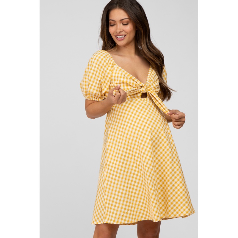 Yellow Gingham Front Tie Maternity Dress