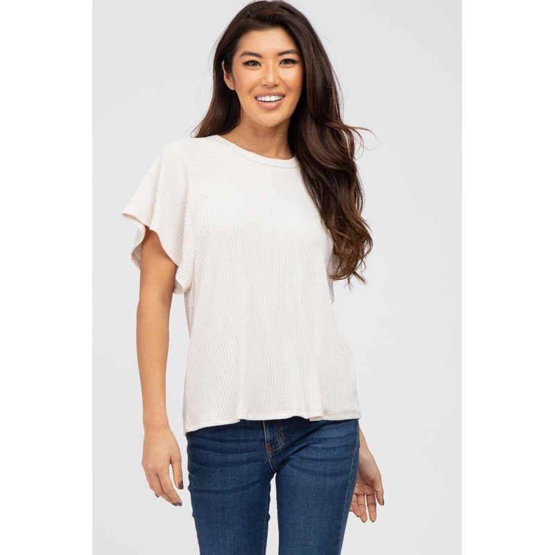 Beige Ribbed Flounce Short Sleeve Top