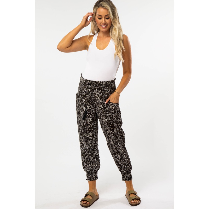 Black Abstract Dot Print Smocked Waist Maternity Pants