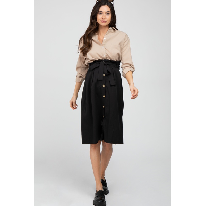 Black Button-Down Waist Tie Maternity Midi Skirt