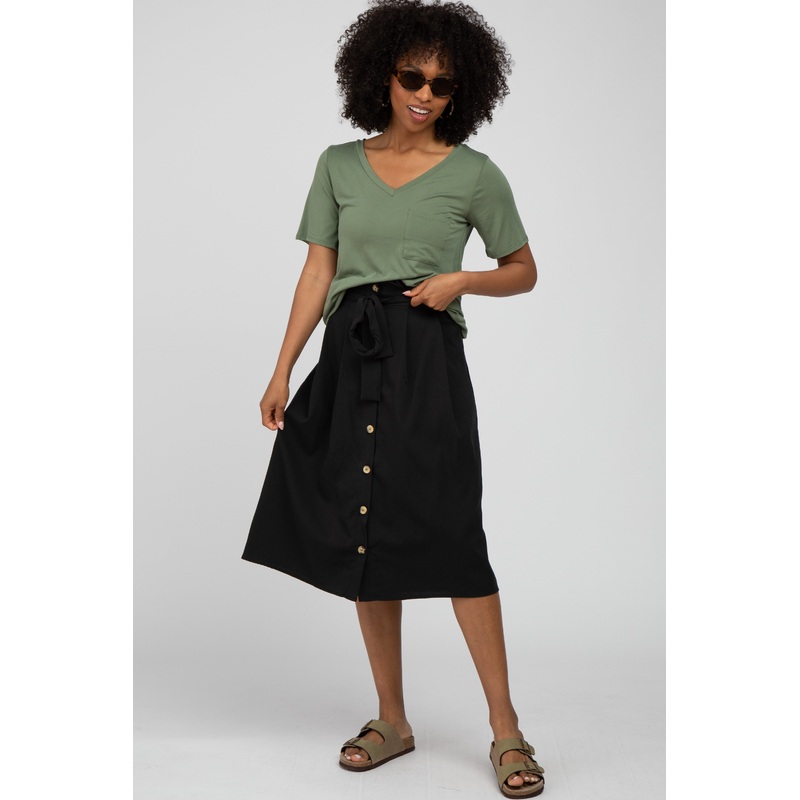 Black Button-Down Waist Tie Midi Skirt