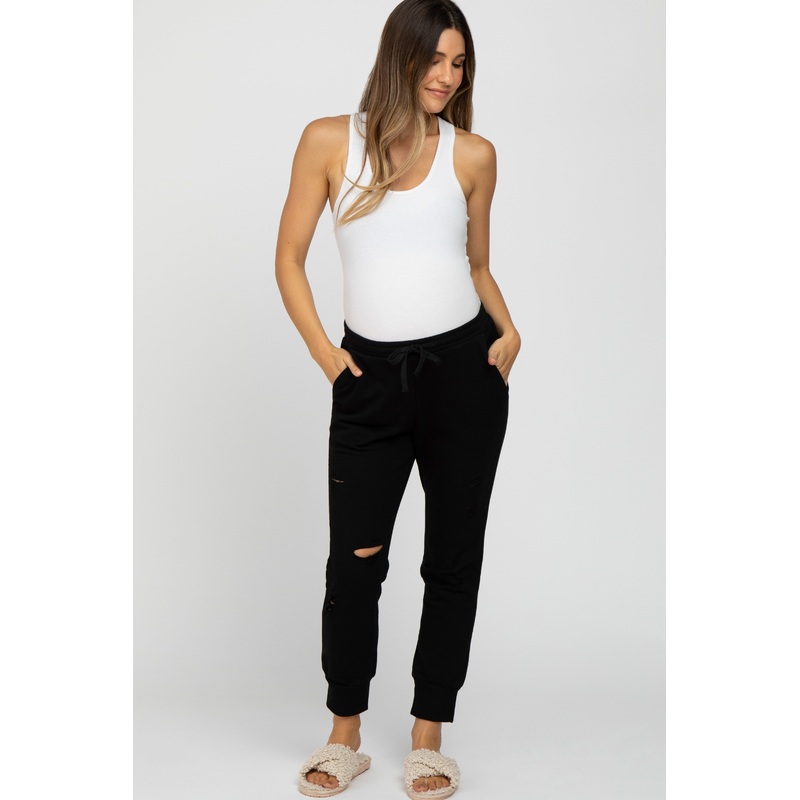 Black Distressed Maternity Joggers