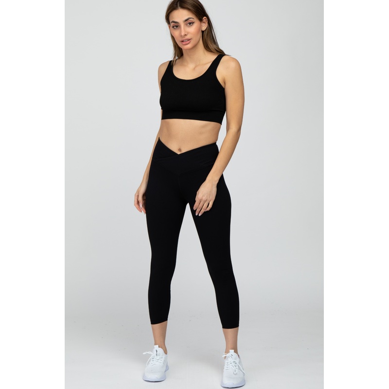 Black Ribbed V-Front Leggings