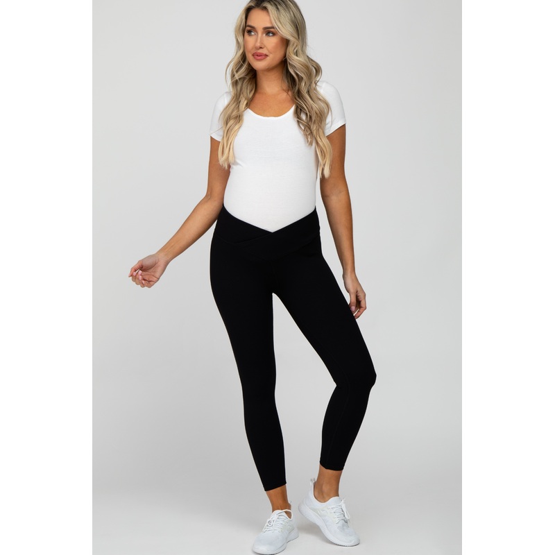 Black Ribbed V-Front Maternity Leggings