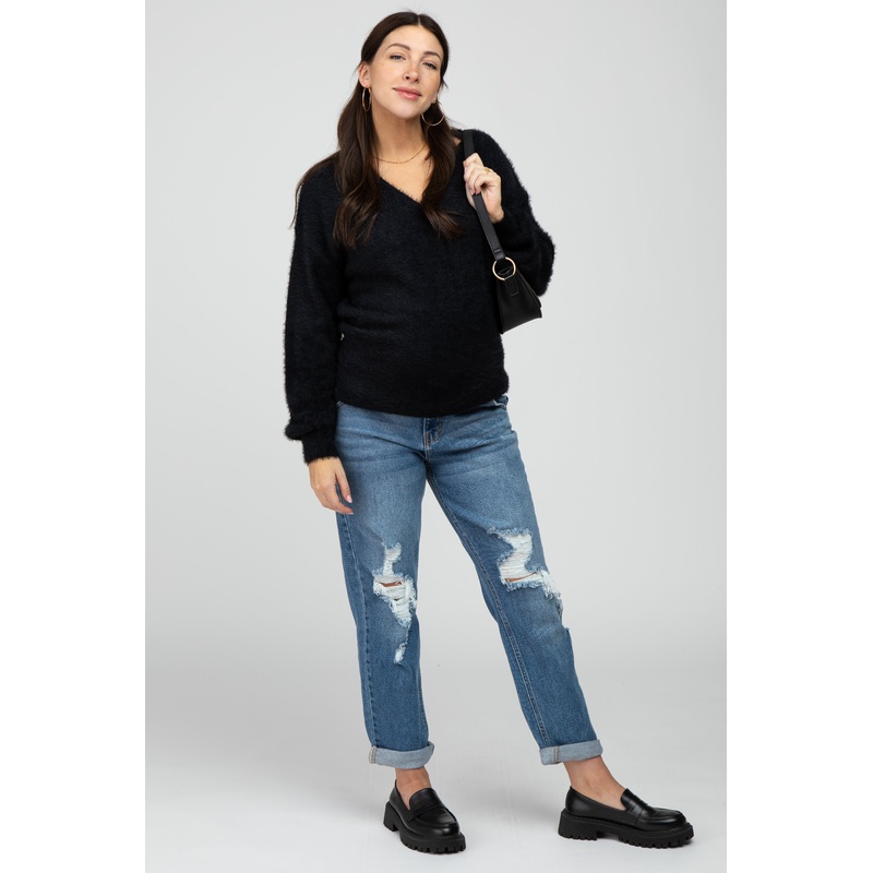 Blue Distressed  Cropped Straight Maternity Jeans