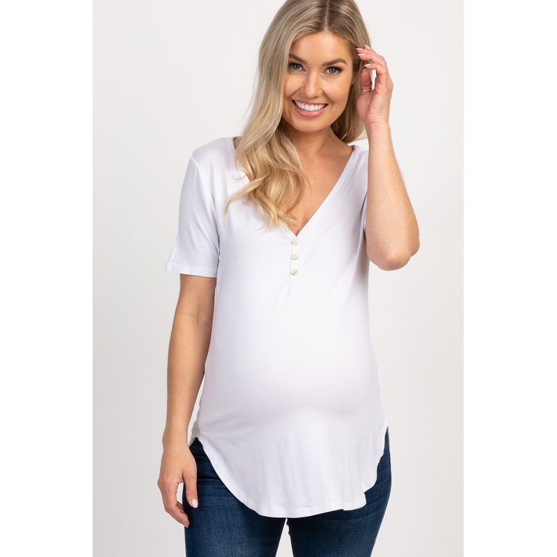 White Solid Button Front Maternity Top