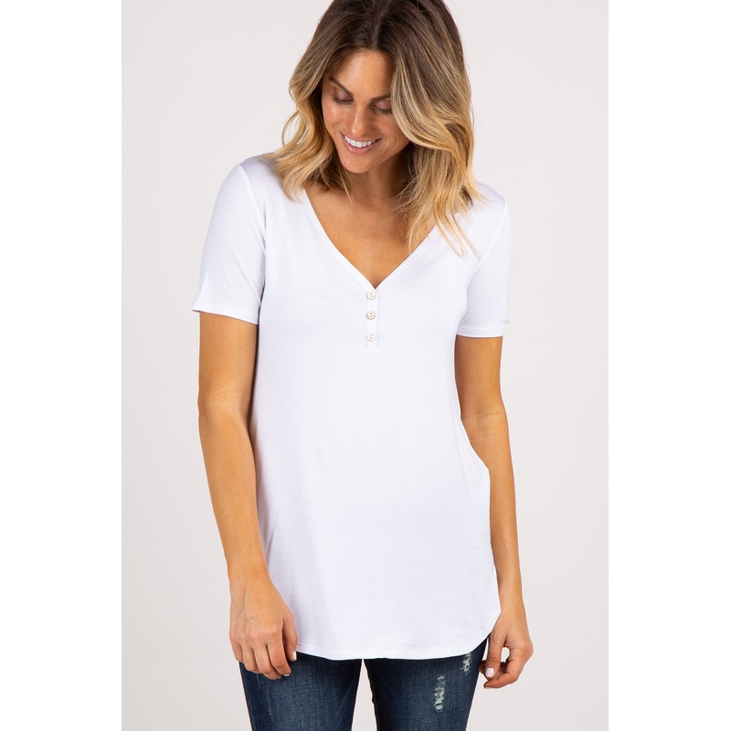 White Solid Button Front Top