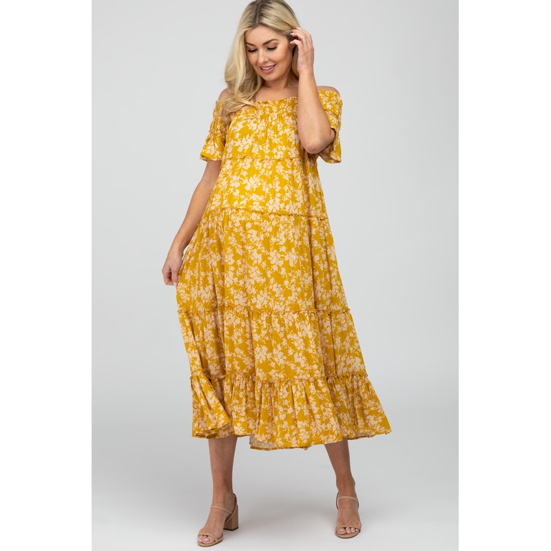 Yellow Floral Off Shoulder Tiered Maternity Dress