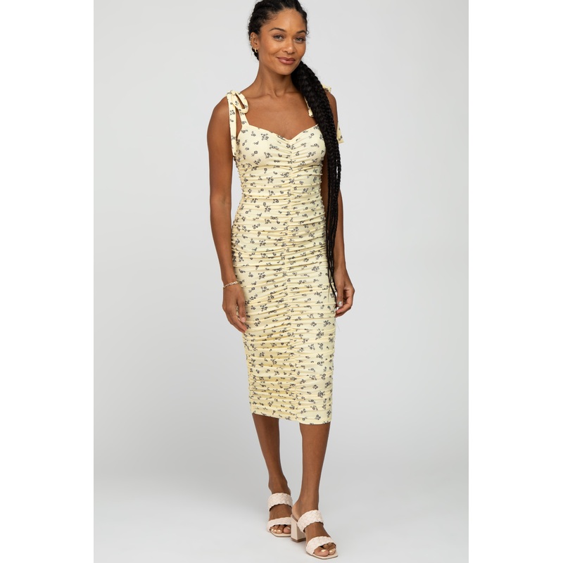 Yellow Floral Ribbed Ruched Shoulder Tie Dress