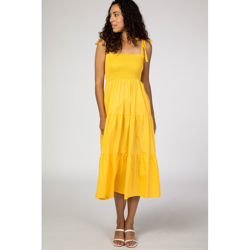 Yellow Smocked Tie Strap Midi Dress