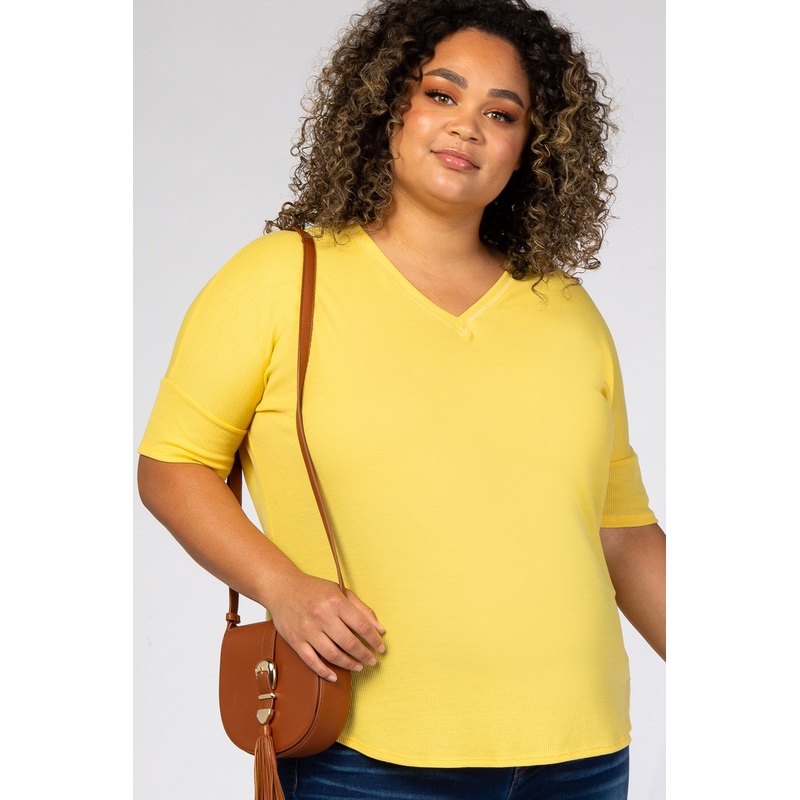 Yellow V-Neck Waffle Knit Maternity Plus Top