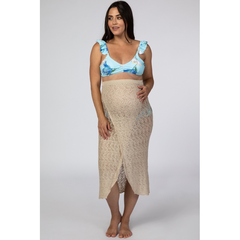 Beige Open Knit Wrap Front Maternity Cover Up Skirt