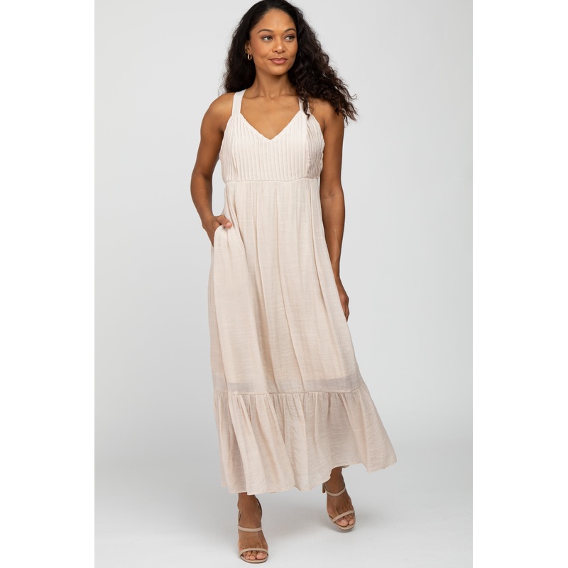 Beige Pintucked Maxi Dress