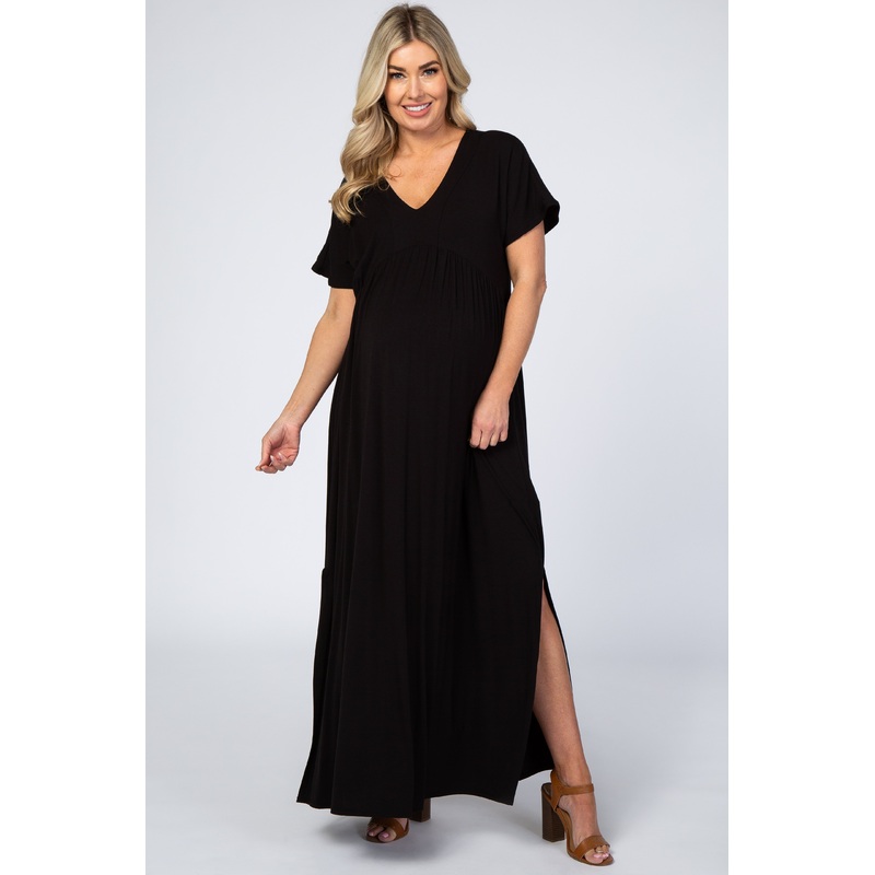 Black Empire Waist Side Slit Maternity Maxi Dress