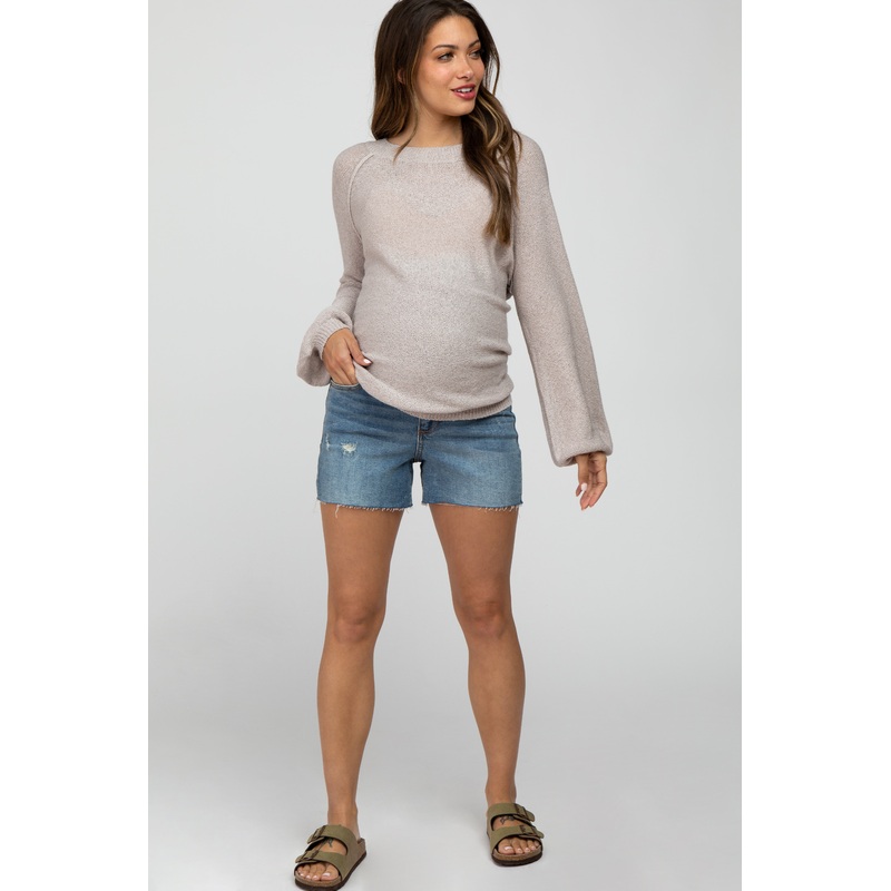 Blue Distressed Raw Hem Maternity Jean Shorts