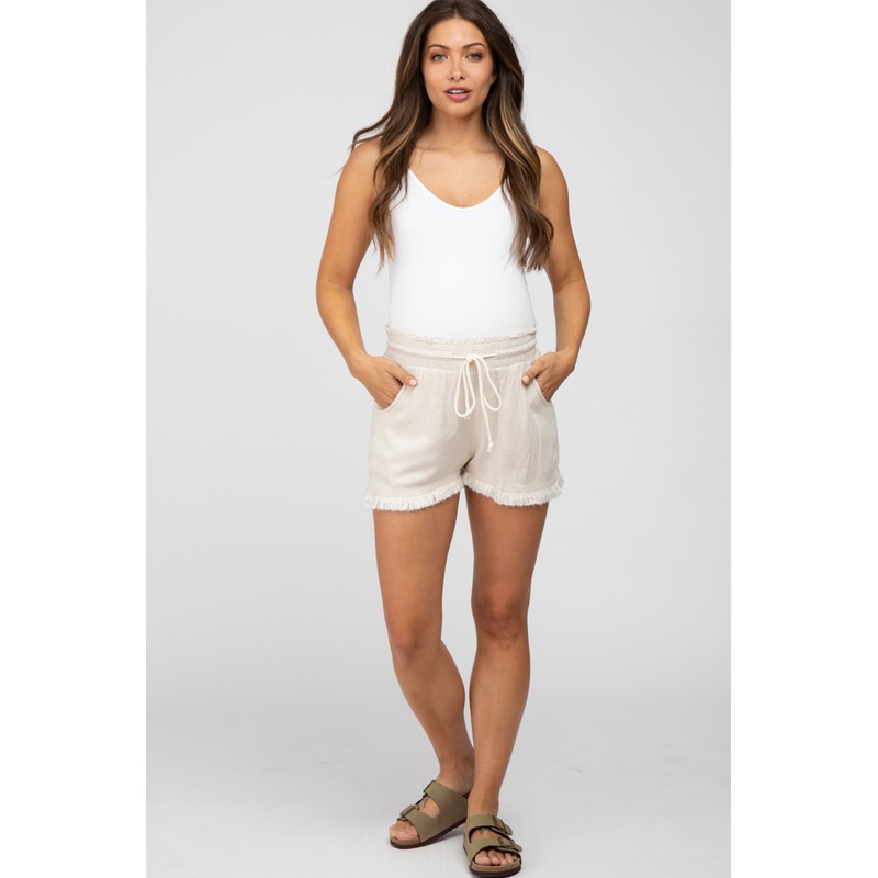 Cream Linen Fringe Hem Drawstring Maternity Shorts