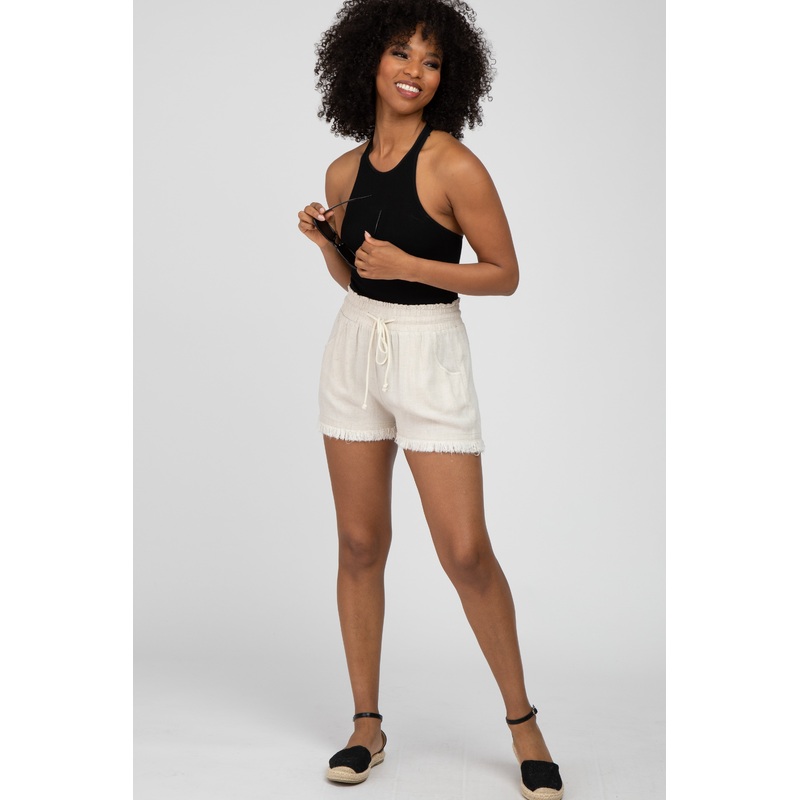 Cream Linen Fringe Hem Drawstring Shorts