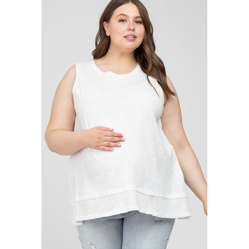 White Sleeveless Layered Hem Maternity Plus Top
