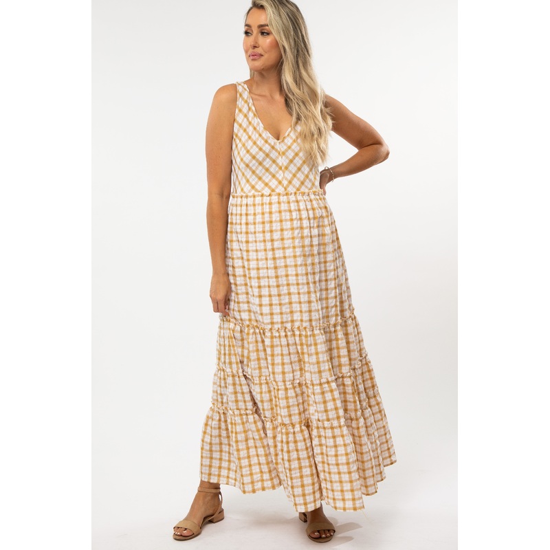 Yellow Plaid Tiered Maternity Maxi Dress