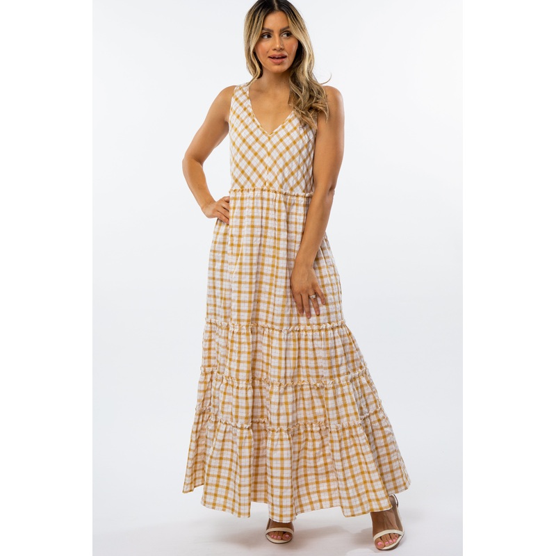 Yellow Plaid Tiered Maxi Dress
