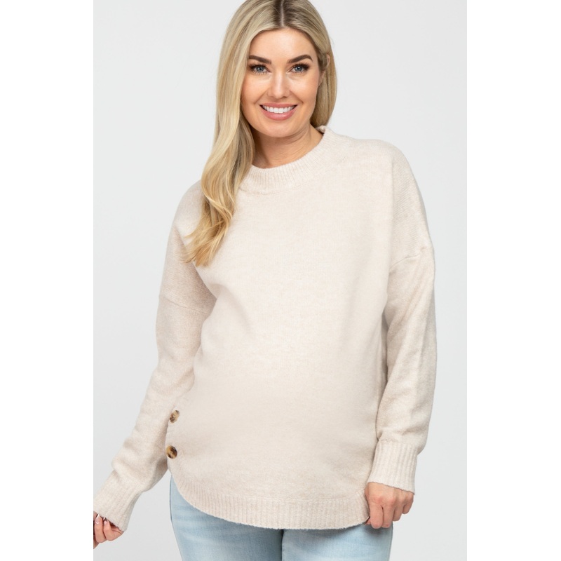 Beige Button Accent Maternity Sweater
