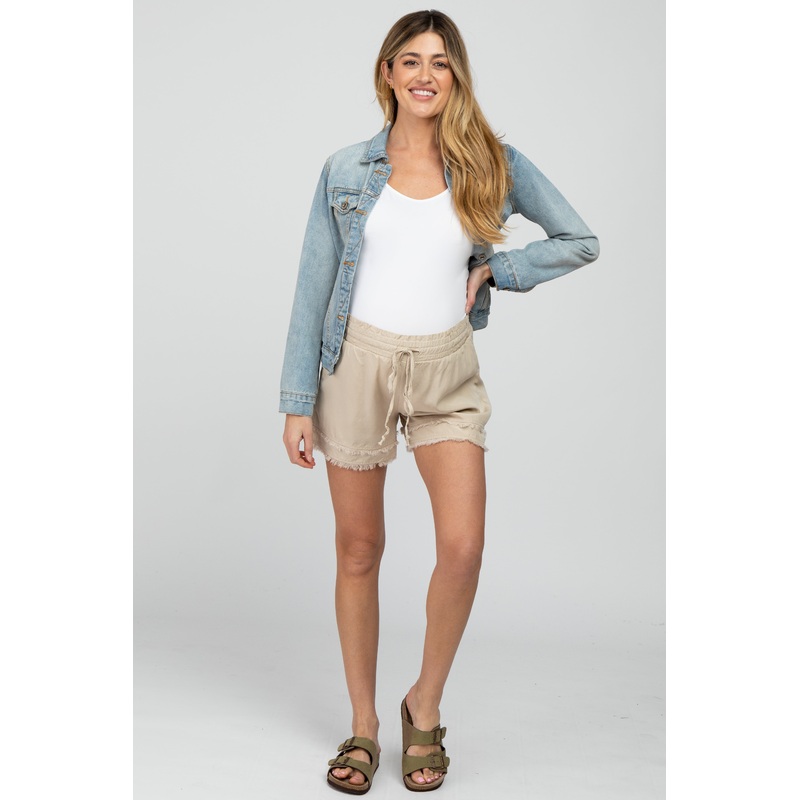 Beige Frayed Front Tie Maternity Shorts