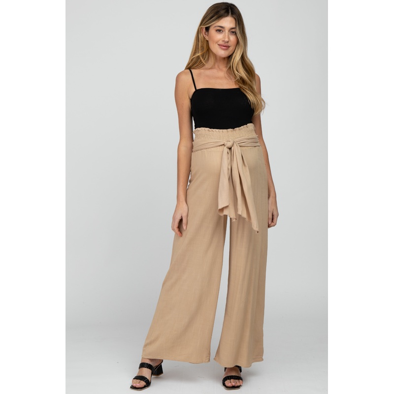 Beige High Waist Tie Front Wide Maternity Pants