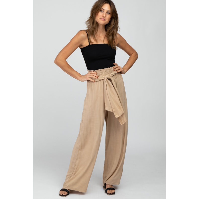 Beige High Waist Tie Front Wide Pants