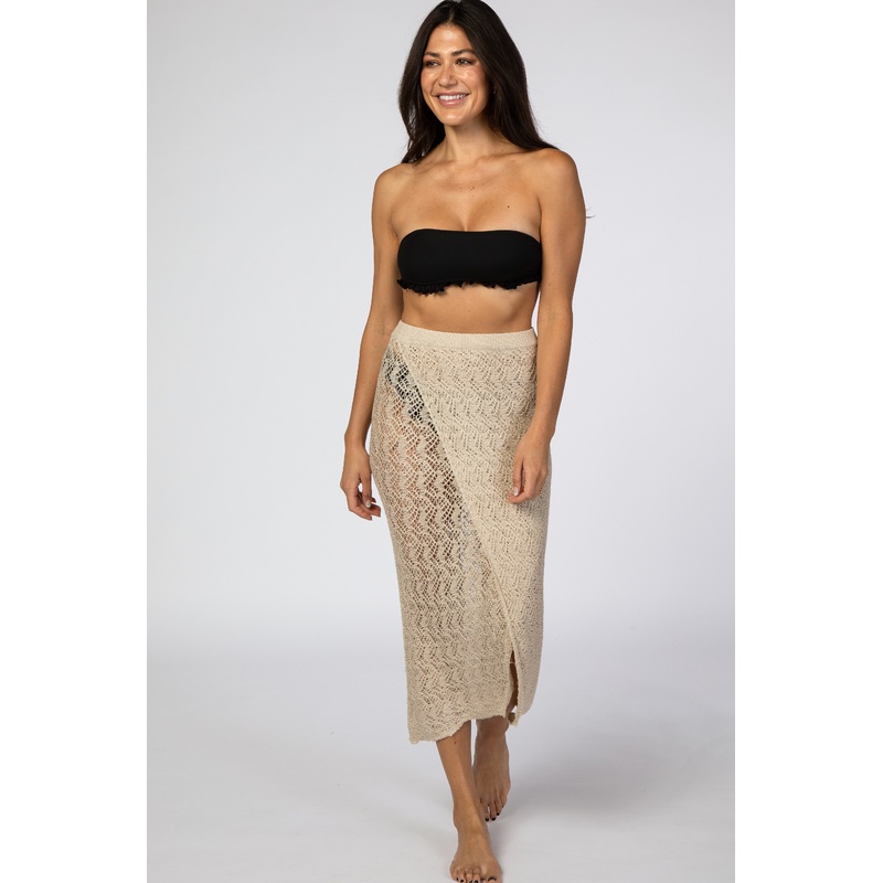 Beige Open Knit Wrap Front Cover Up Skirt