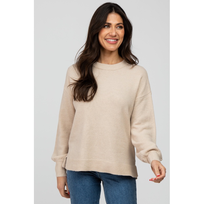 Beige Rib Trim Knit Sweater