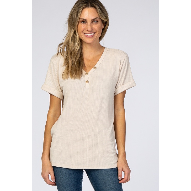Beige Ribbed Cuff Sleeve Top