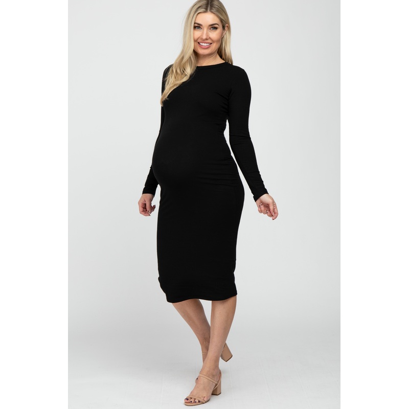 Black Basic Fitted Maternity Midi Dress