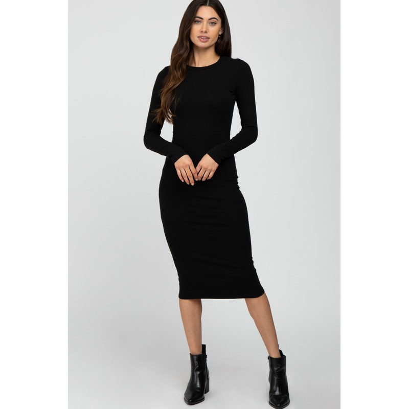 Black Basic Fitted Midi Dress