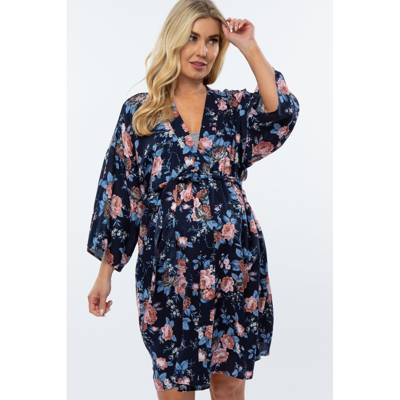 Navy Rose Floral Print Delivery/Nursing Maternity Robe