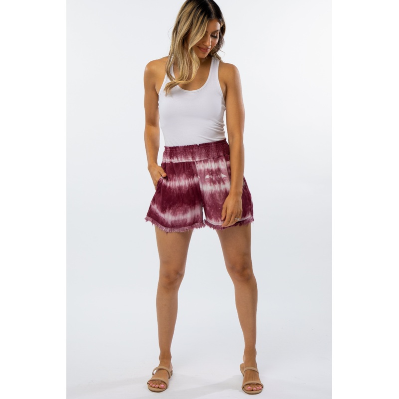 Purple Tie Dye Fringe Hem Shorts