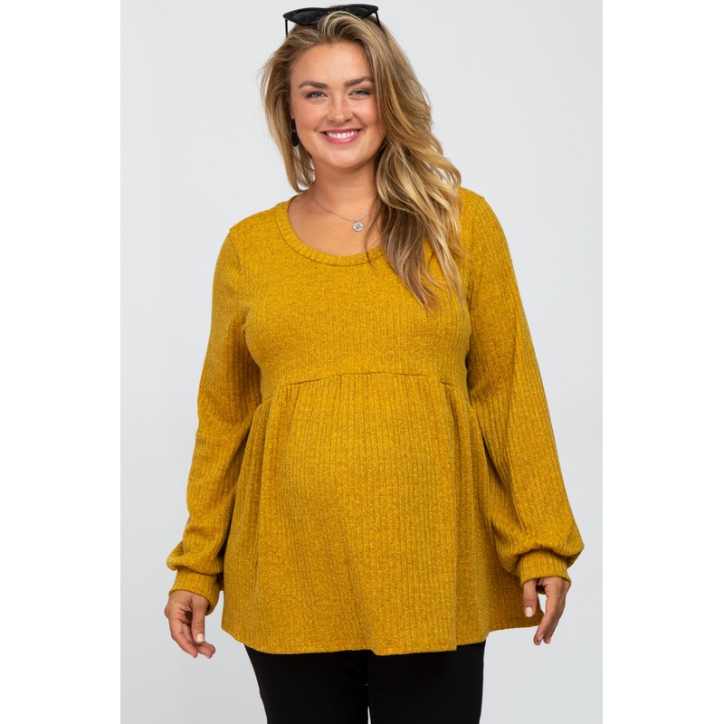 Yellow Textured Knit Babydoll Long Sleeve Maternity Plus Top