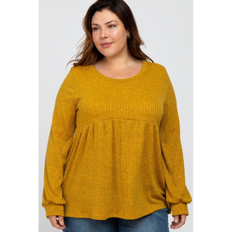 Yellow Textured Knit Babydoll Long Sleeve Plus Top