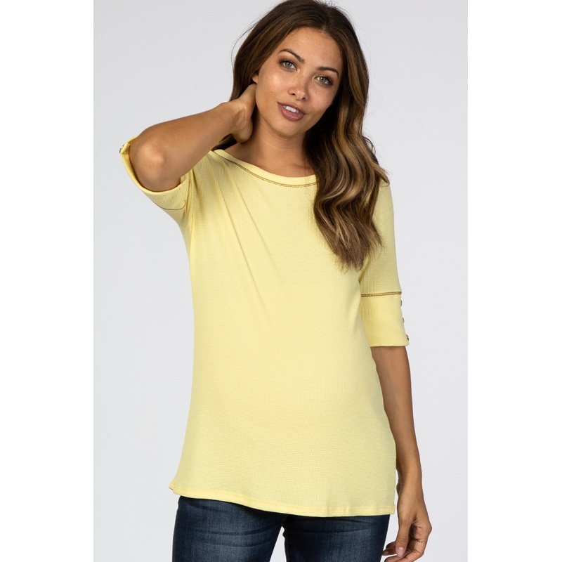 Yellow Waffle Knit Button Sleeve Maternity Top