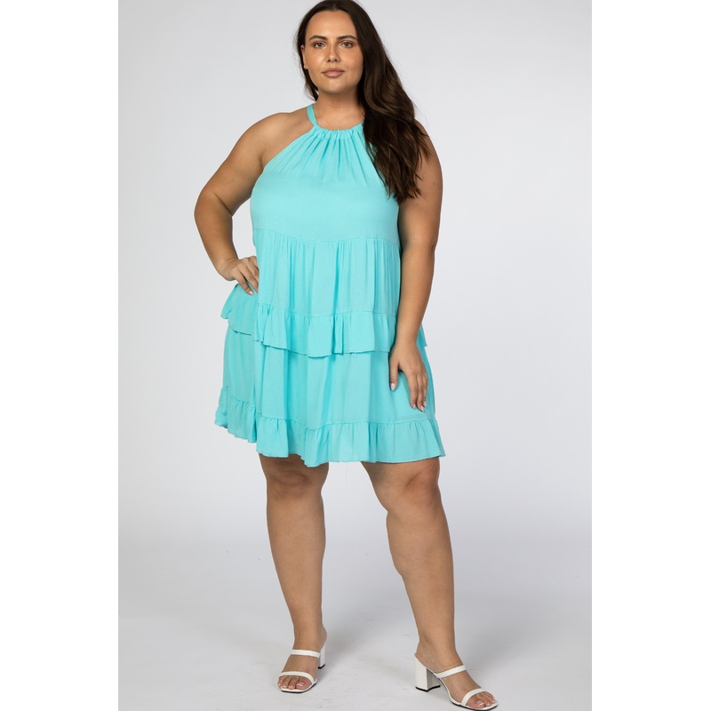 Aqua Halter Neck Tie Tiered Plus Dress