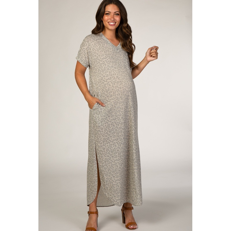 Beige Animal Print Maternity Maxi Dress
