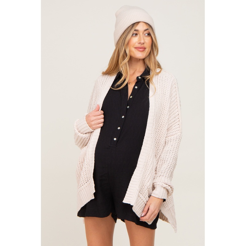 Beige Chunky Knit Oversized Maternity Cardigan