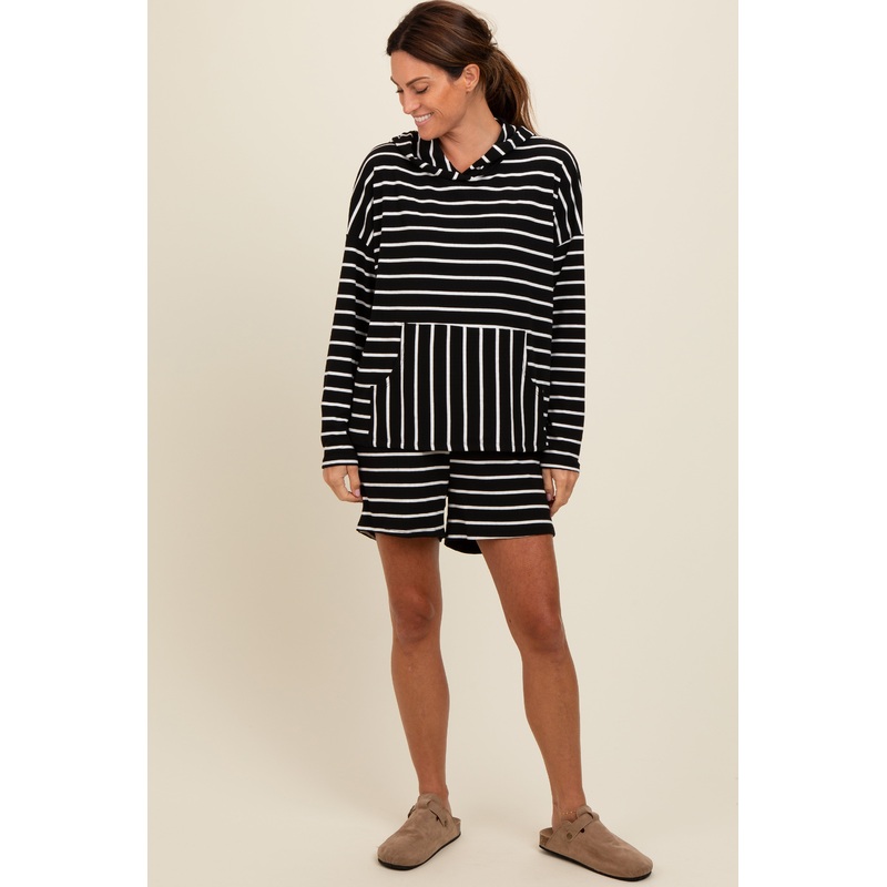 Black Cozy Striped Ribbed Two-Piece Lounge Set