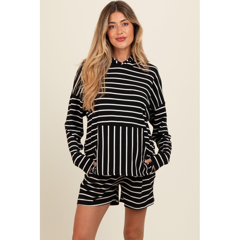 Black Cozy Striped Ribbed Two-Piece Maternity Lounge Set