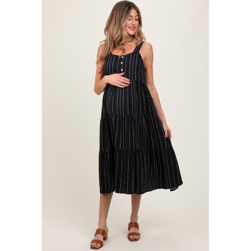 Black Dot Stripe Tiered Maternity Midi Dress