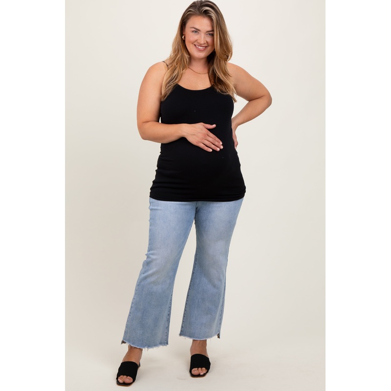 Light Blue Fringe Hem Maternity Plus Crop Flare Jeans
