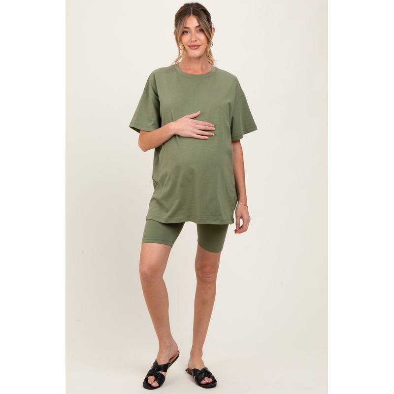 Light Olive Biker Shorts Maternity Set